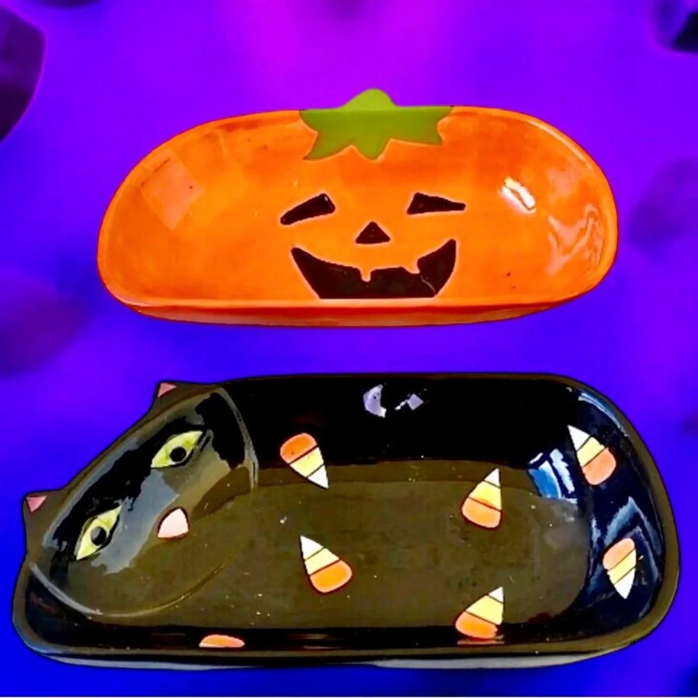 Halloween 🎃 Candy Dishes Tien Hsing Vintage Black Cat + Pumpkin 2 dishes